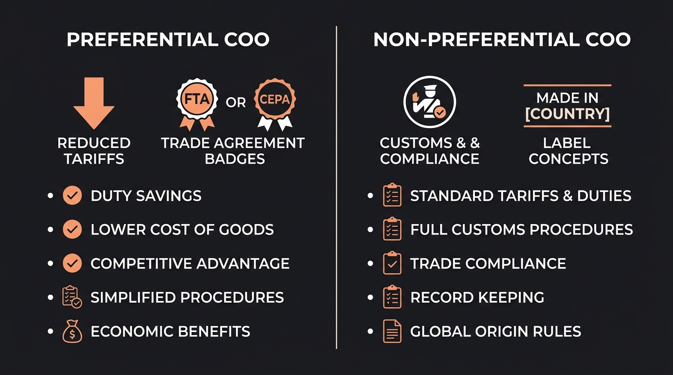 Side-by-side comparison diagram showing preferential vs non-preferential certificate of origin with their uses