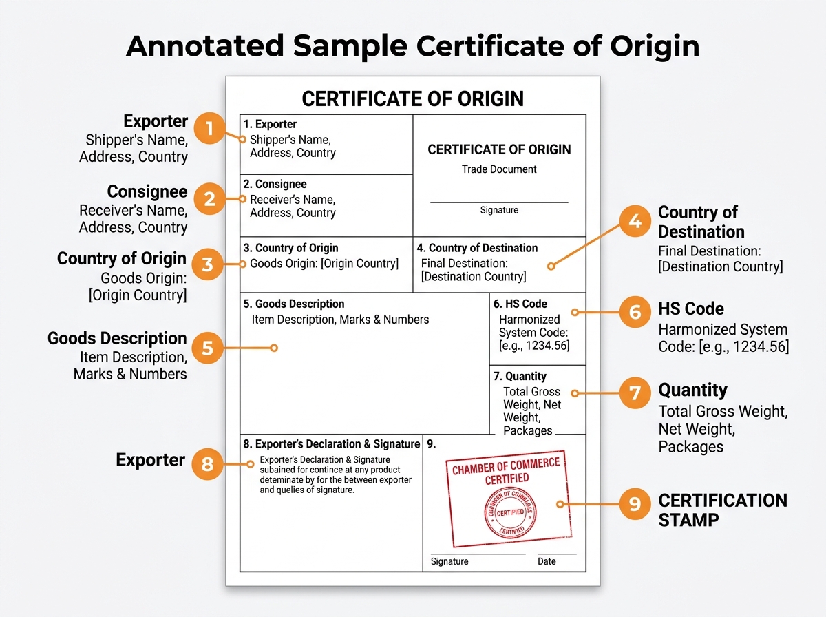 Annotated sample Certificate of Origin document with numbered callouts on each key field